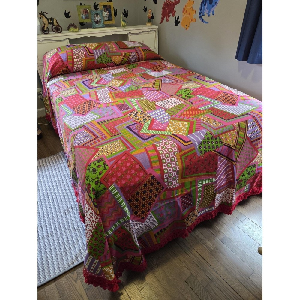 Bates‎ Bedspreads Patchwork 60s 70s Funky Bright Double Fringe Curtains Lot